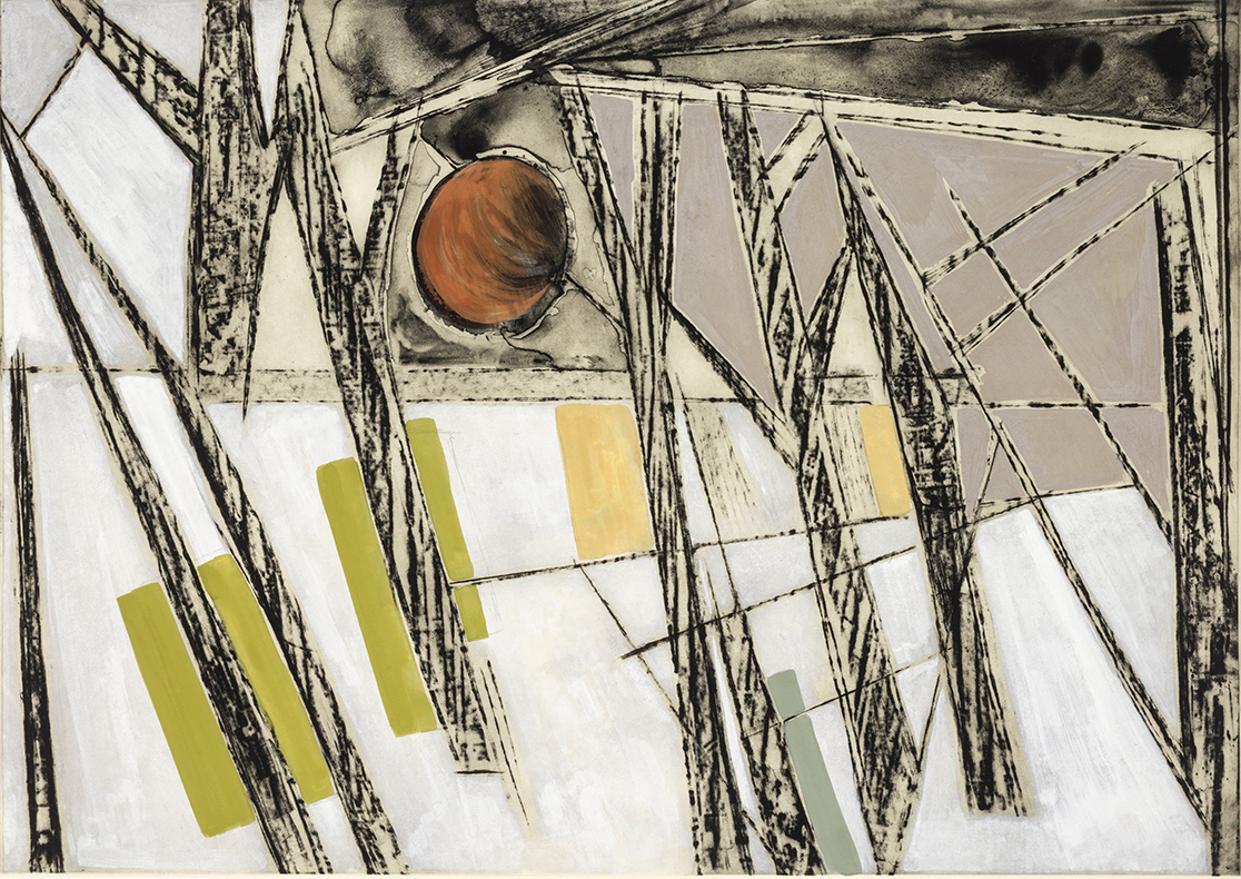 Limited edition contemporary print by Lucy Farley - a semi abstracted view through a windo to the woods beyond