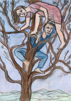 pastel and conte drawing by Eileen Cooper RA of a man and a woman climbing in a tree