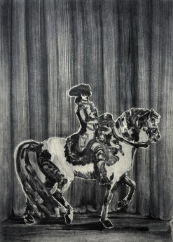 Natasha Michaels, The Production 40.2 x 31.5cm, Ed 20_Plate 29 x 21cm. Limited edition fine are printed in black of man on horse (historical)