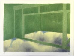 Contemporary Mokuhanga print by Prudence AInslie playing with the concepts of space. Prudence Ainslie, Above the Ground, 2025 Mokuhanga 24 x 31cm Ed 12