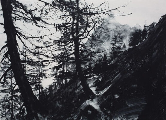 Emma Stibbon RA, Grand Balcon Nord 37 x 52cm, Limited edition print of Chamonix mountain range and trees in black and white with hand finishing. Edition of 35, 2022