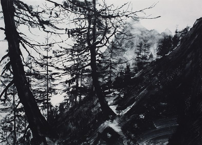 Emma Stibbon RA, Grand Balcon Nord 37 x 52cm, Limited edition print of Chamonix mountain range and trees in black and white with hand finishing. Edition of 35, 2022