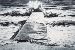 Emma Stibbon RA, Pier Polymer gravure with hand colouring 50.5 x 73cm Edition 35. Limited edition print of sea and pier on black and white
