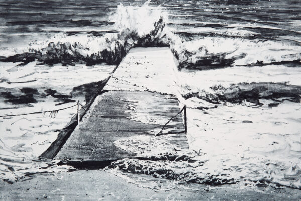 Emma Stibbon RA, Pier Polymer gravure with hand colouring 50.5 x 73cm Edition 35. Limited edition print of sea and pier on black and white