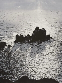 Emma Stibbon RA, Lands End, Polymer gravure with hand colouring 62.5 x 47cm Edition 35. Limited edition print of sea and pier on black and white