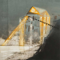 Katherine Jones, Vanishing Land, 2010 67 x 70.5cm Collagraph and Block Print on paper. Luminouse early print of glasshouse in landscape