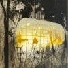Luminous print of a glasshouse in a landscape from an early period of works by Katherine Jones. Propagation of Sound, 2014, Collagraph and Block Print, 58.5 x 56 cm