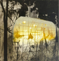 Luminous print of a glasshouse in a landscape from an early period of works by Katherine Jones. Propagation of Sound, 2014, Collagraph and Block Print, 58.5 x 56 cm
