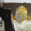 Katherine Jones, Inside Dry Land, 2010, Collagraph and block print, 67 x 70cm edition 50. A luminous early print of a glasshouse in the landscape