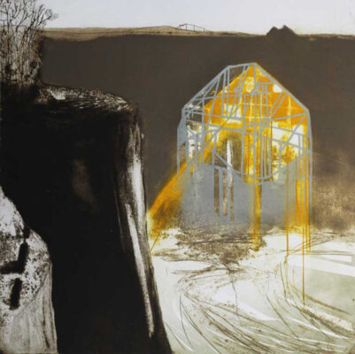 Katherine Jones, Inside Dry Land, 2010, Collagraph and block print, 67 x 70cm edition 50. A luminous early print of a glasshouse in the landscape