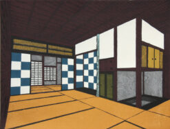 Japanese woodcut in colours by Nana Shiomi of a Japanese interior with tatami mats and screens