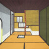 Japanese woodcut print in colours by Nana Shiomi. Interior of a Japanese house with tatami mats and screens