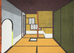 Japanese woodcut print in colours by Nana Shiomi. Interior of a Japanese house with tatami mats and screens