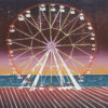colourful woodcut by Sadie Tierney Starry Mantle Boardwalk - Big Wheel Year 2017 Woodcut 50 x 75 cms with hand colour, Edition of 10 Also available as a triptych with two companion Starry Mantle Boardwalk woodcut prints Left - Roller Coaster Centre - Merry Go Round Right - Big Wheel Also available as a triptych with two companion Starry Mantle Boardwalk woodcut prints Colourful woodcut by Sadie Tierney from her Fairground and Circus series