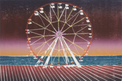 colourful woodcut by Sadie Tierney Starry Mantle Boardwalk - Big Wheel Year 2017 Woodcut 50 x 75 cms with hand colour, Edition of 10 Also available as a triptych with two companion Starry Mantle Boardwalk woodcut prints Left - Roller Coaster Centre - Merry Go Round Right - Big Wheel Also available as a triptych with two companion Starry Mantle Boardwalk woodcut prints Colourful woodcut by Sadie Tierney from her Fairground and Circus series