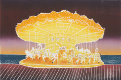 Colourful woodcut by Sadie Tierney from her Fairground and Circus series Starry Mantle Boardwalk - Merry Go Round Year 2017 Woodcut 50 x 75 cms with hand colour, Edition of 10