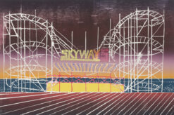 Colourful woodcut print by Sadie Tierney Starry Mantle Boardwalk - Roller Coaster Year 2017 Woodcut 50 x 75 cms with hand colour, Edition of 10 Also available as a triptych with two companion Starry Mantle Boardwalk woodcut prints Left - Roller Coaster Centre - Merry Go Round Right - Big Wheel Also available as a triptych with two companion Starry Mantle Boardwalk woodcut prints Colourful woodcut by Sadie Tierney from her Fairground and Circus series